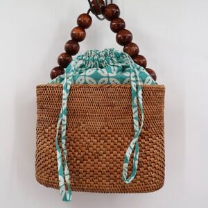 Rattan Basket Bag Wooden Bead Handle Green Lining Boho‎ Earthy Natural `